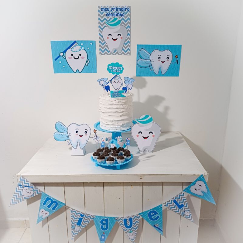 Kit Festa Meus primeiros Dentinhos menino Personalizado Só Um Bolinho Festa em Casa Aniversário Infantil Mesversário