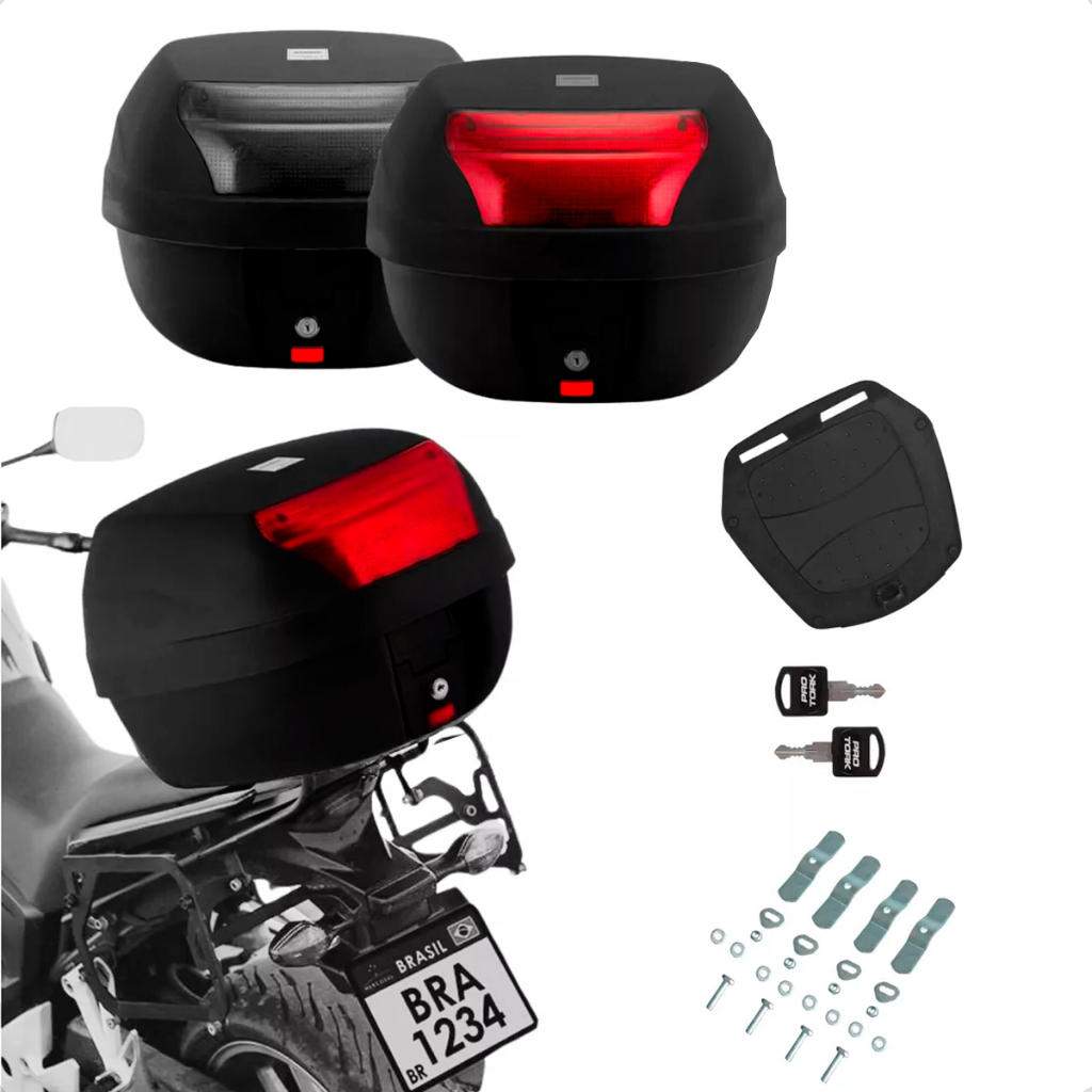 Bauleto Baú 28 Litros Traseiro Universal Removivel Pro Tork Suporte Base Universal Vermelha Fumê