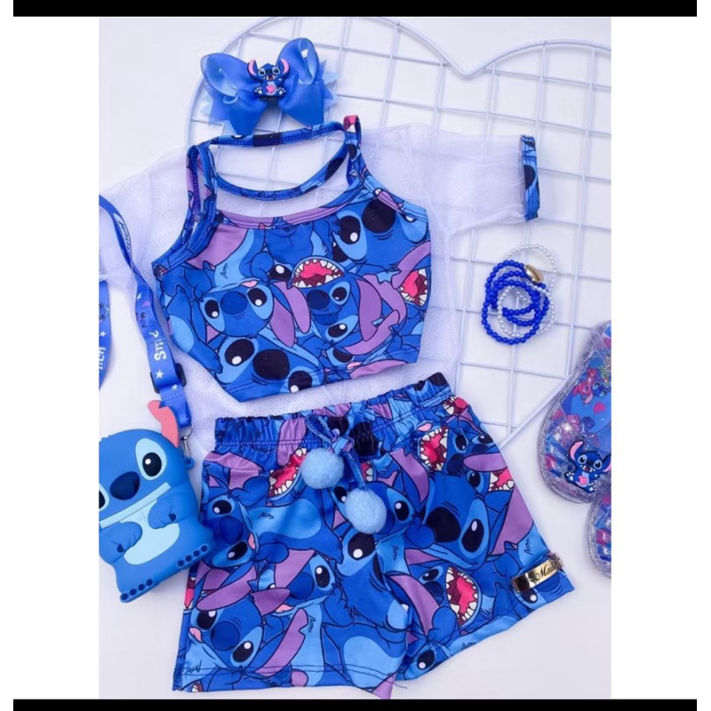 conjunto infantil stich com 3 peças infantil Menina Personagem stitch Moda Blogueira em Oferta na Shopee