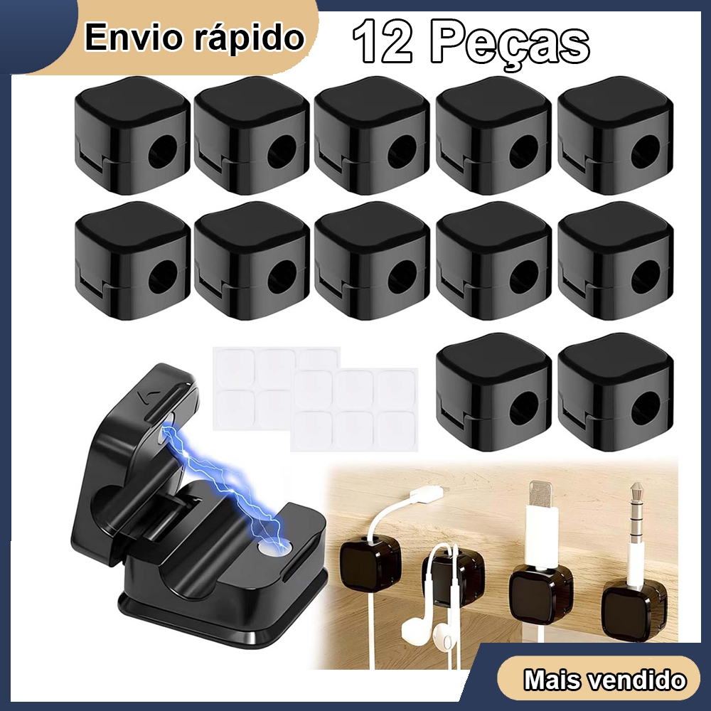 Kit 12 organizador magnético fixador de fios e cabos autoadesivo Preto