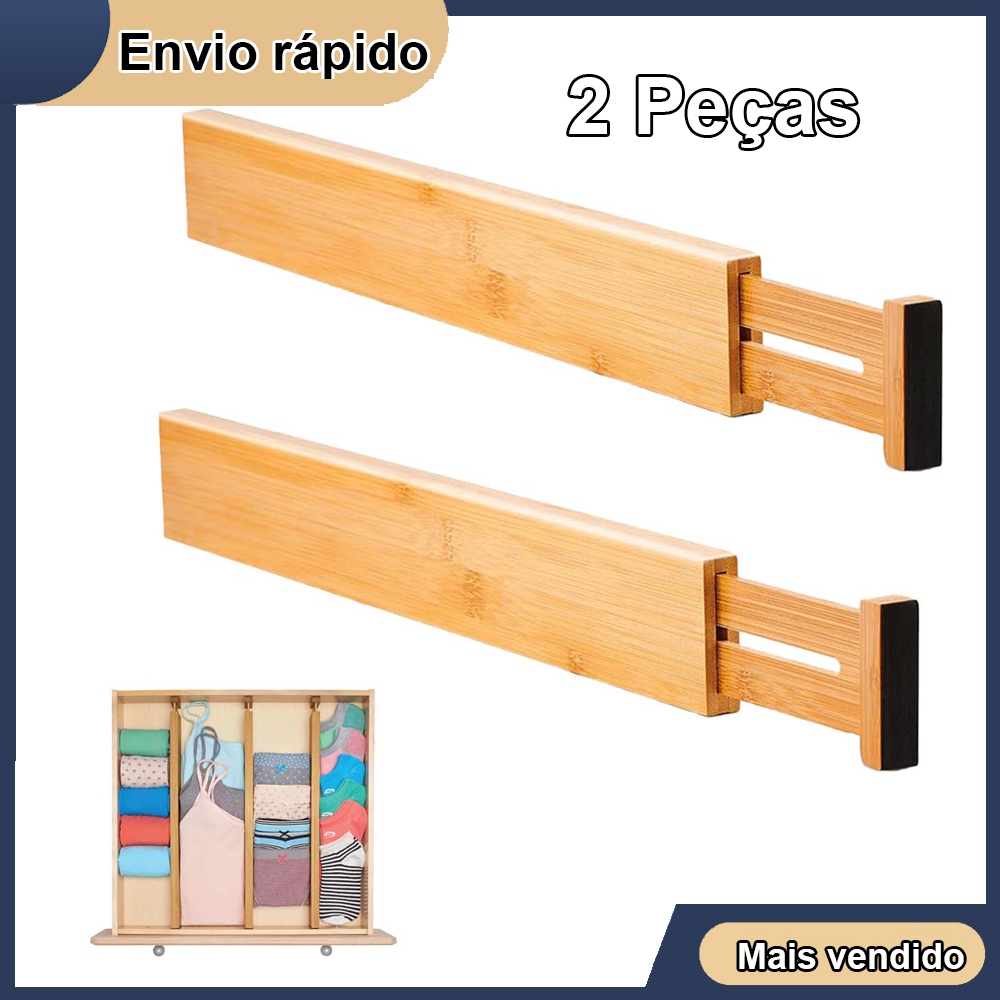 2 peças de divisor de gaveta de bambu Separadores organizadores expansíveis carregados por mola