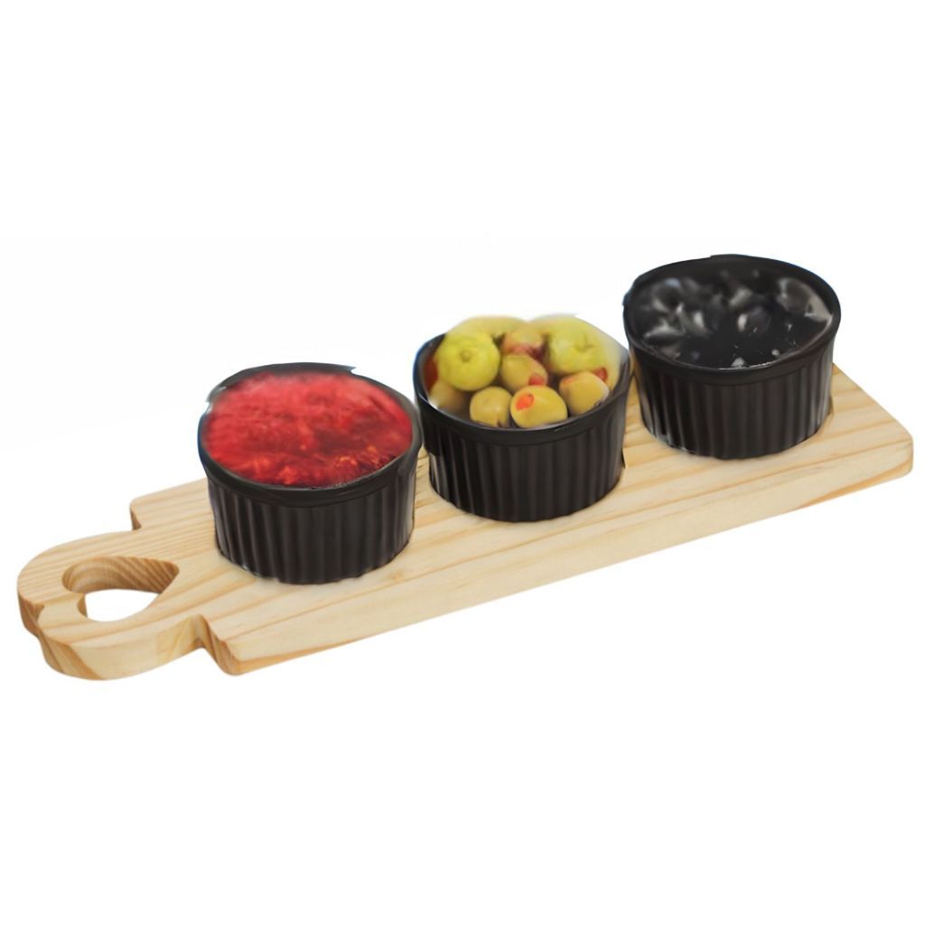 Tabua De Petiscos Com Trio De Porta Molho Petisqueira Frios Queijos Frutas Ramequim Porcelana