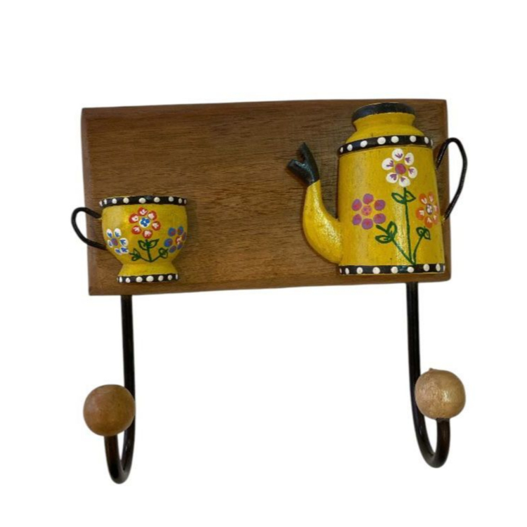 Cabide De Madeira Maciça Dois Ganchos Bule e Xícara/ Amarelo