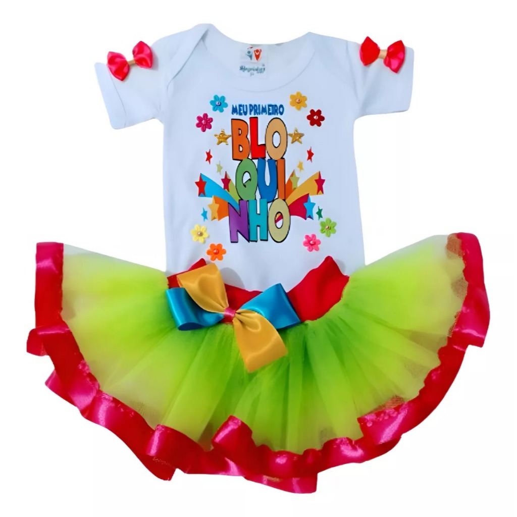 Body De Bebê Menina Meu Primeiro Bloquinho Carnaval Roupa Mesversário Fantasia Infantil Com Saia Tutu Colorida