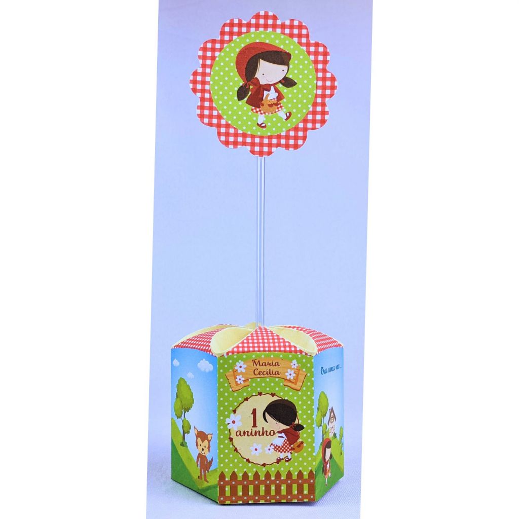 Kit 10 a 50 Centros de Mesa Chapeuzinho Vermelho Caixinhas Personalizadas de Papel Offset 180G Com Palitos e Apliques