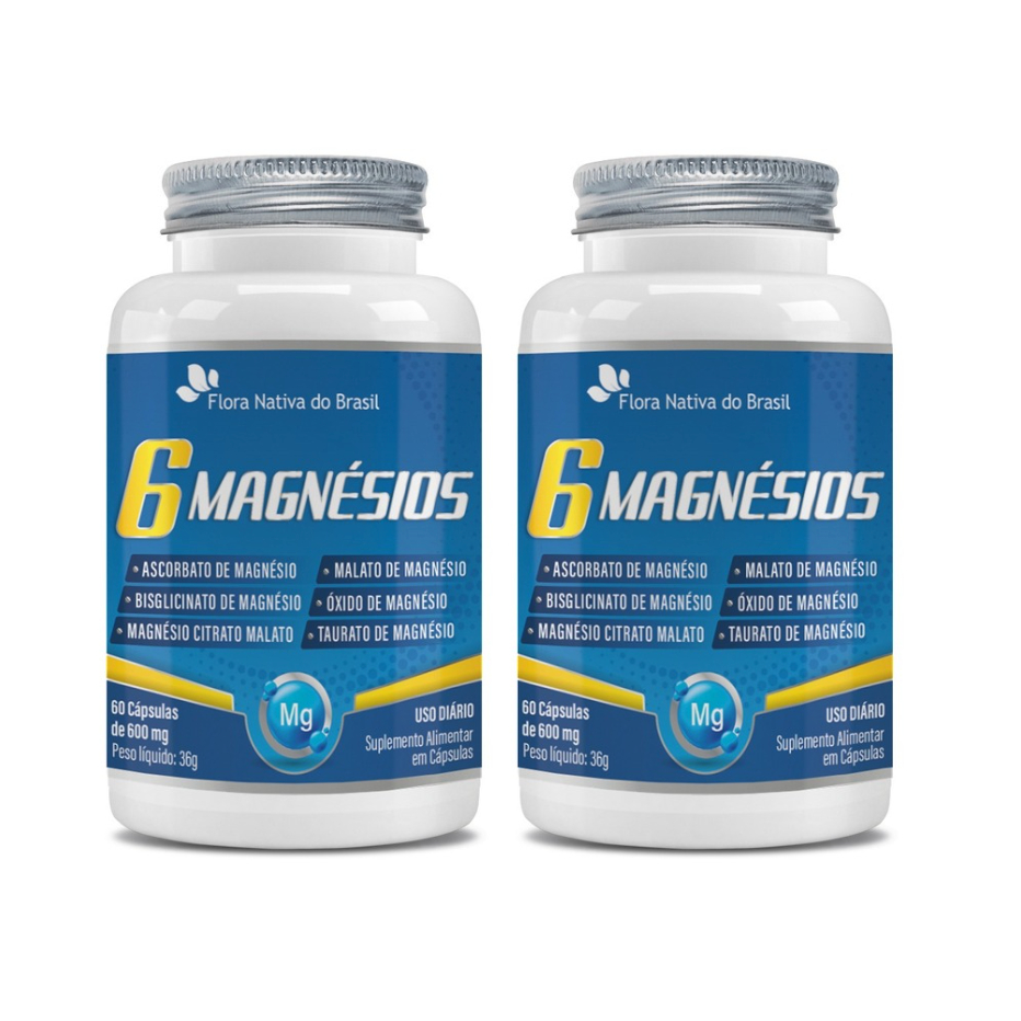 Kit 2x 6 Magnésios- Ascorbato, Bisglicinato, Citrato, Malato, Óxido e Taurato 60 Caps- Flora Nativa