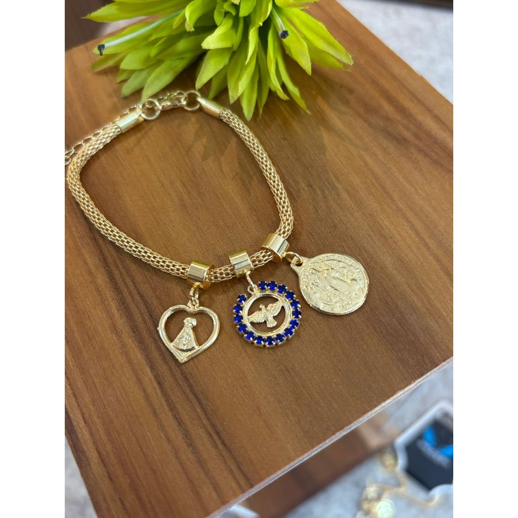 Pulseira Folheada Ouro Berloque Religioso •Pai Nosso Cruz NSenhora Aparecida Strass Dourada Feminina em Oferta na Shopee