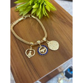 Pulseira Folheada Ouro Berloque Religioso •Pai Nosso Cruz NSenhora Aparecida Strass Dourada Feminina em Oferta na Shopee