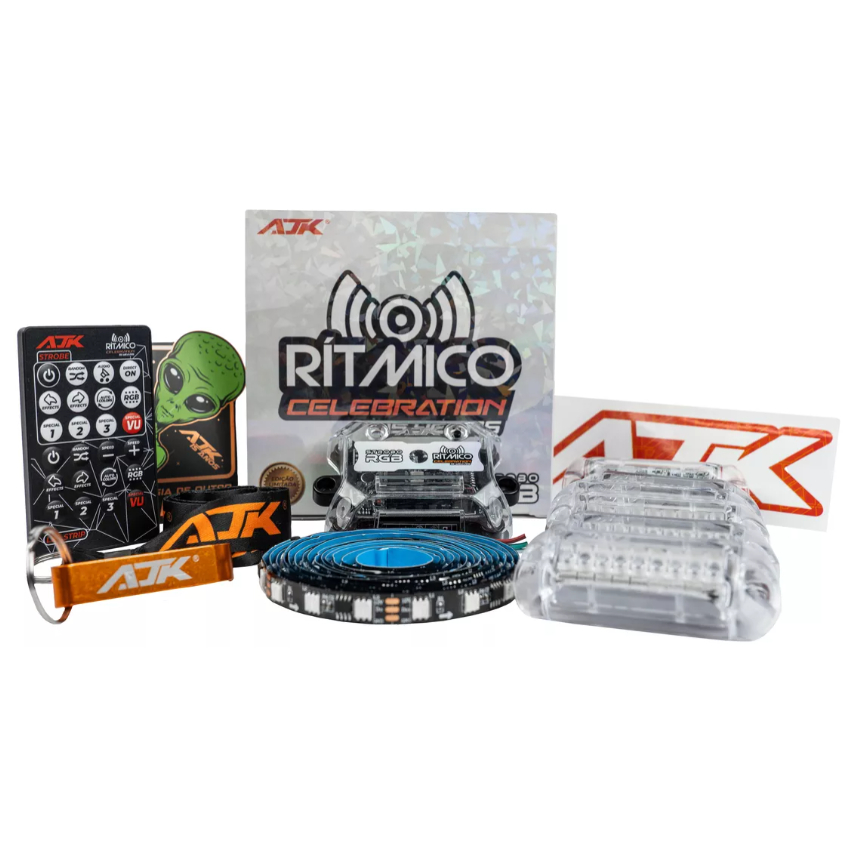 Kit Strobo Celebration AJK Rgb Ritmico 6 Faróis + Central + Fita Led + Brinde Som Automotivo