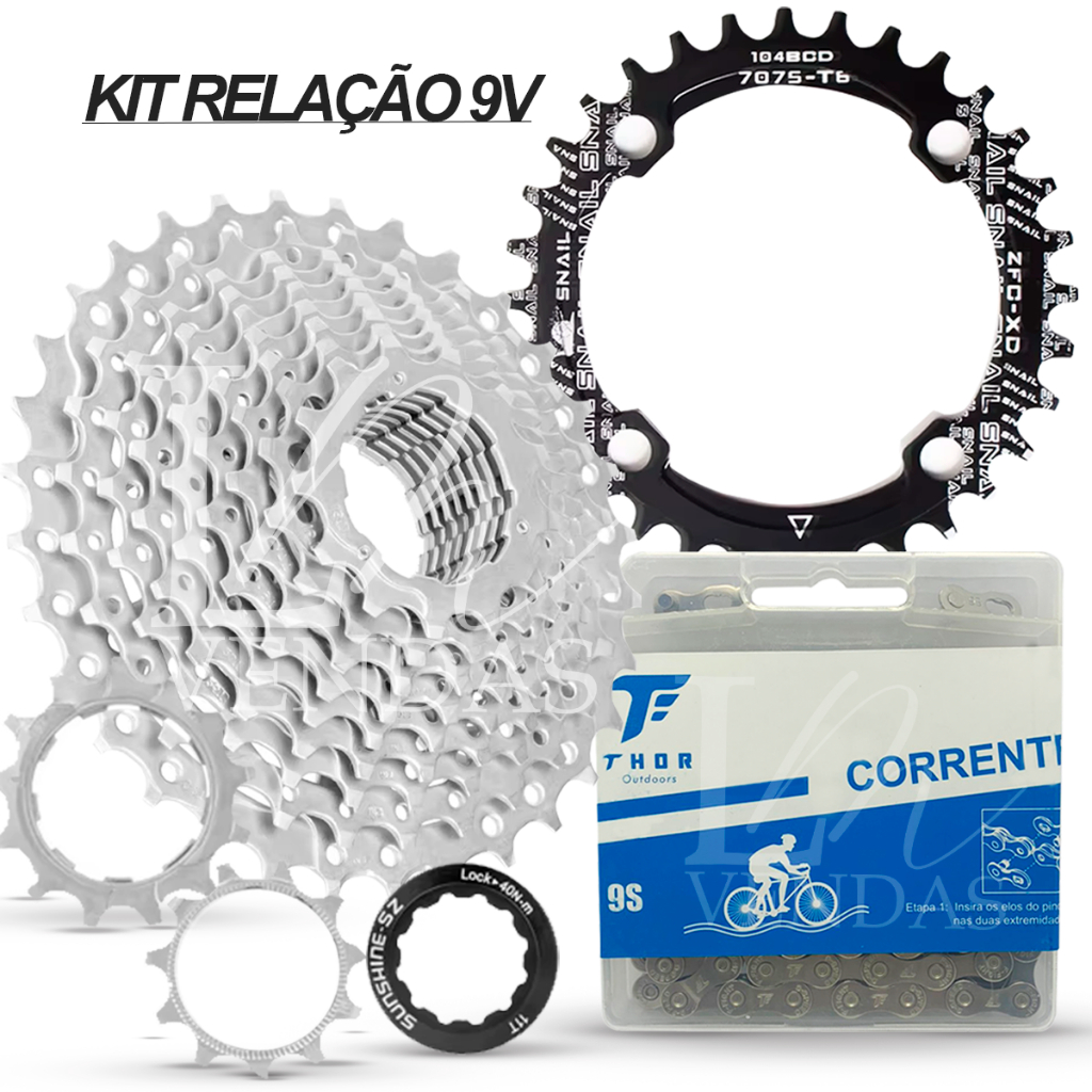 Kit Relação Completo Cassete Catraca Bike Marcha 9v + Coroa Roda Única Bcd 104 + Corrente 116 Elos