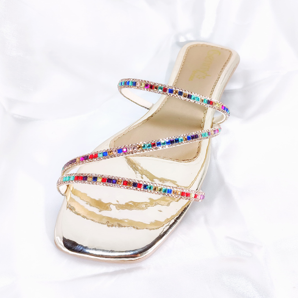 Sandália Feminina Brilho Dourado Rasteirinha Strass Tendência Pedraria Glitter Metalizado Moda