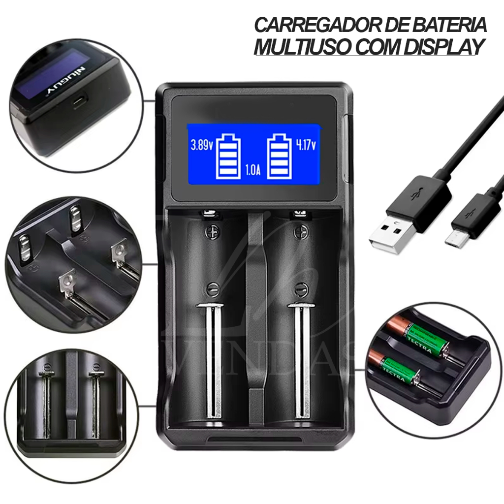 Carregador De Bateria Duplo Com Visor Led Universal Para Pilhas Lanterna 18650 26650 16340 Bivolt