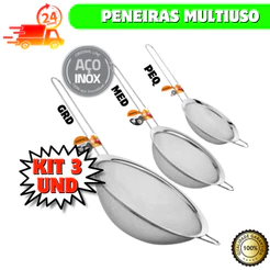 Conjunto 3 Peneiras de Cozinha em Aço Inox Coador Pequena Média e Grande 12cm 14cm 21cm