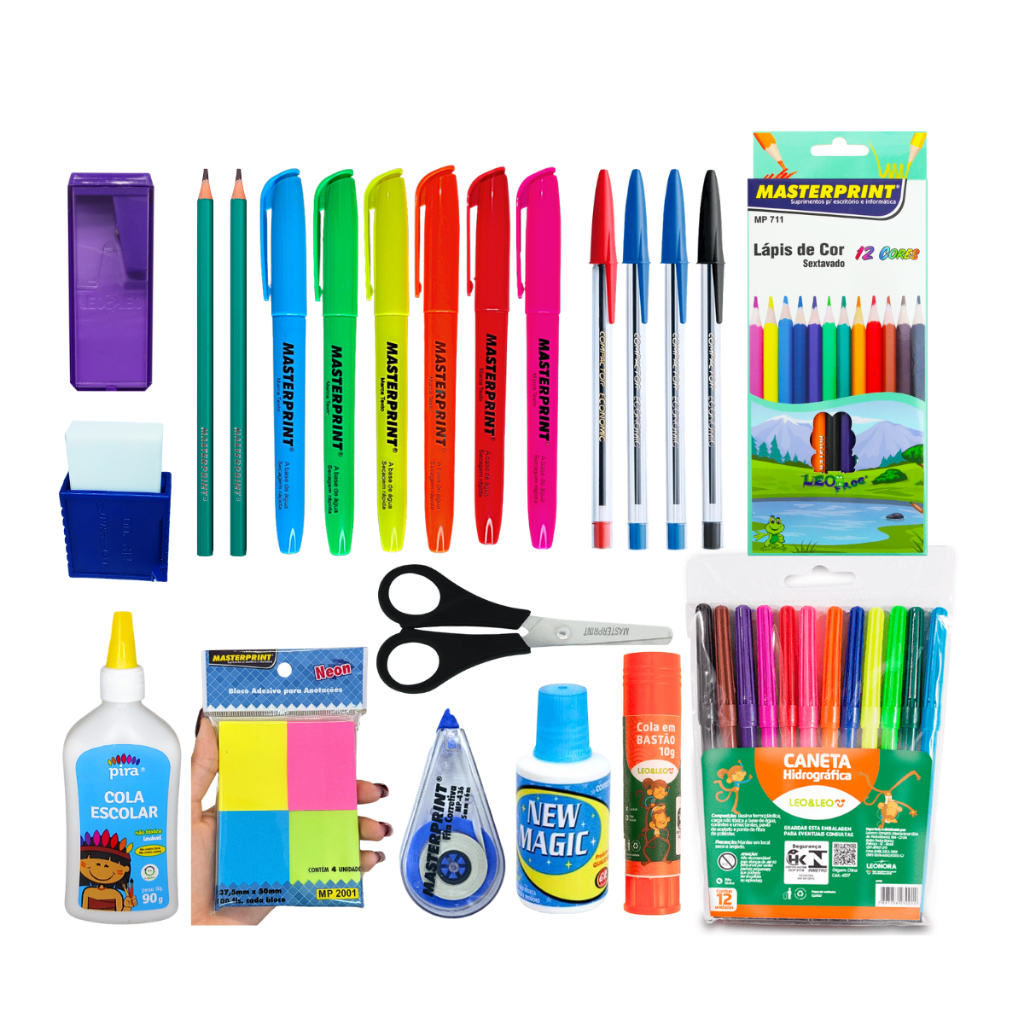 kit 47 Itens Material Escolar Volta as aulas ensino fundamental médio Básico caneta lápis marca texto borracha corretivo