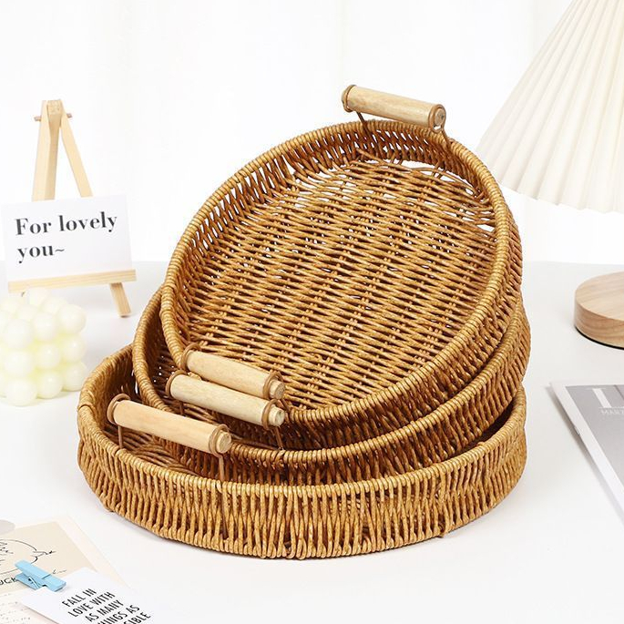 kit 3 Bandeja de Armazenamento De Rattan Tecida À Mão Com Alça Cesta REDONDA De Vime