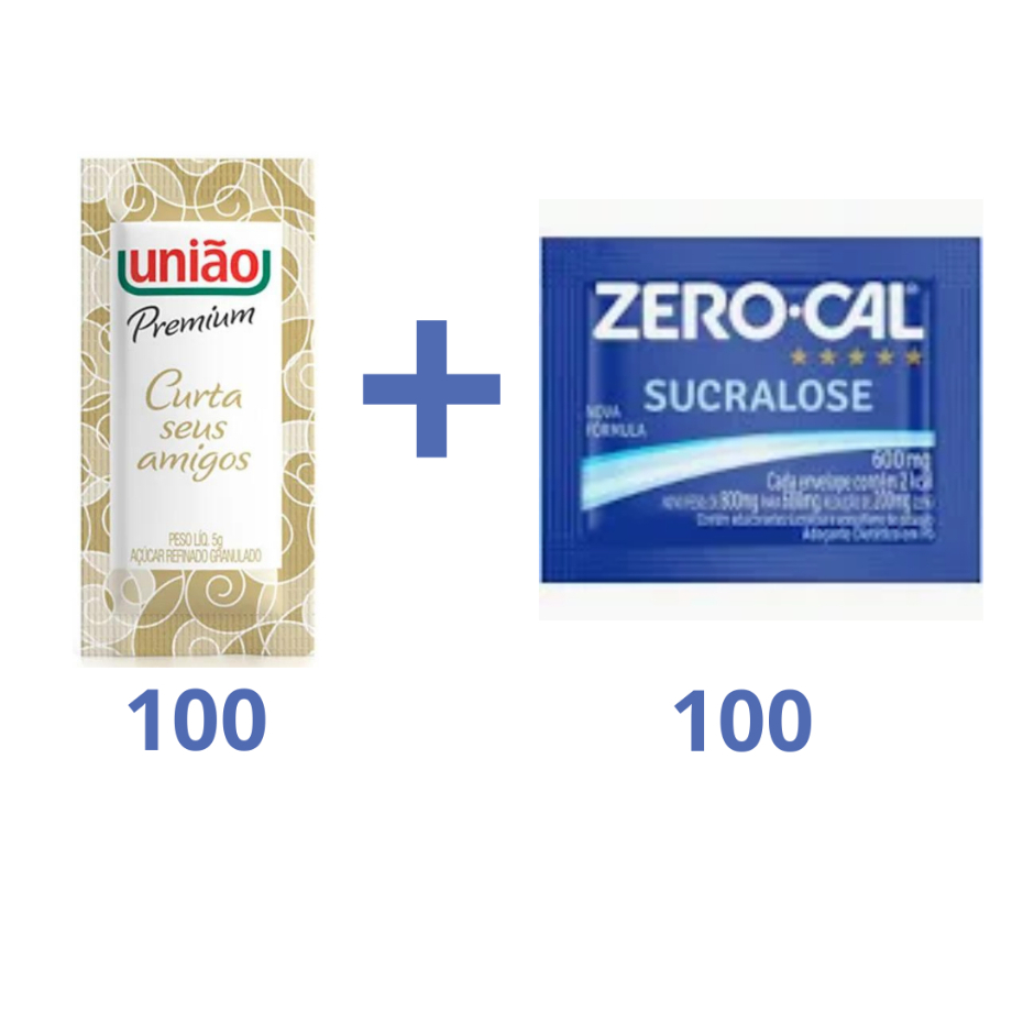 200 unidades de sachês - 100 de Açúcar União + 100 de Adoçante Zero Cal 200 unidades de sachês - 100 de Açúcar União + 100 de Adoçante Zero Cal