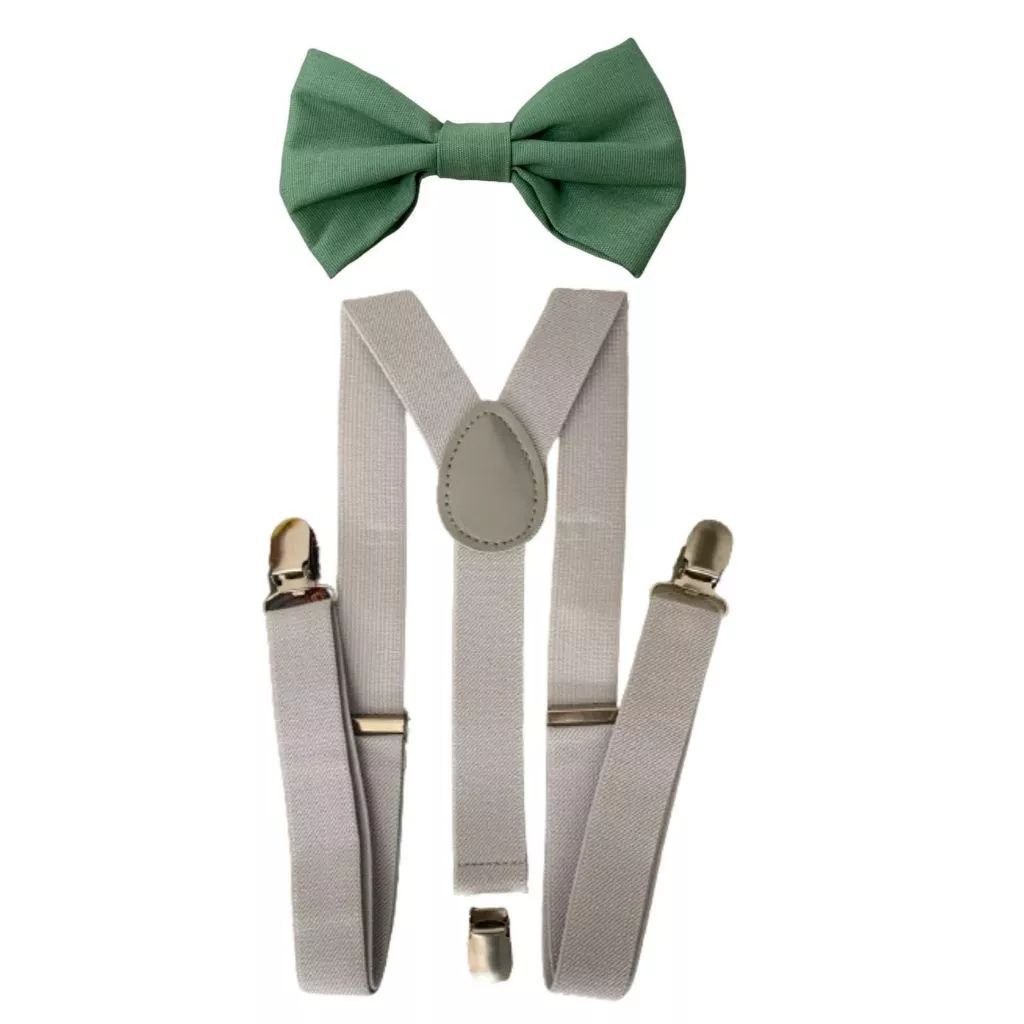 6 Kits Suspensório Cinza Claro e Gravata Borboleta Verde Oliva Tricoline Adulto