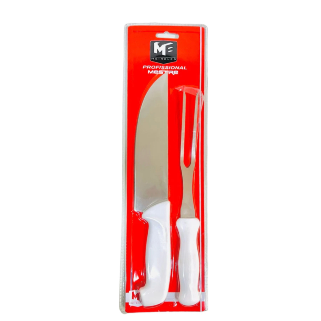 Faca para Churrasco Garfo e Faca Grande Aço Inox Branco