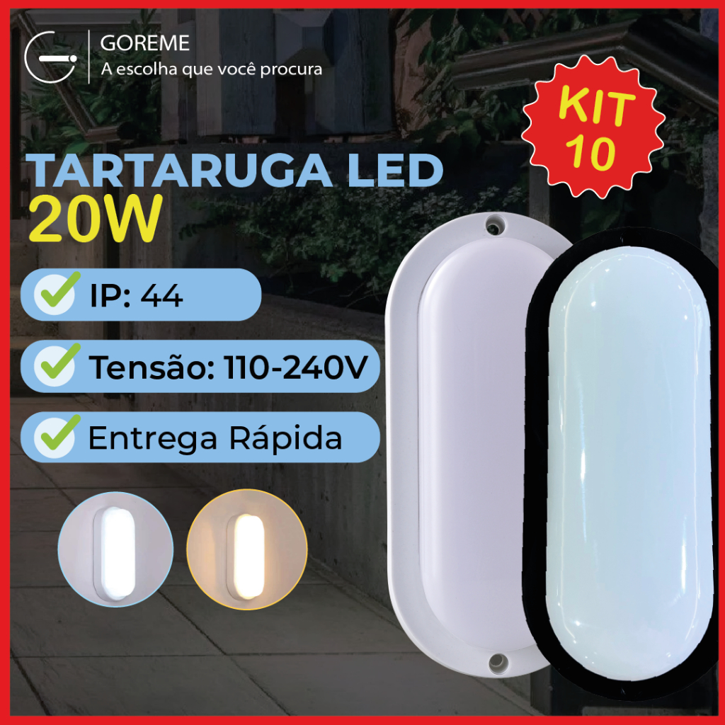Kit 10 Luminária Arandela Tartaruga LED 20W Bivolt | Preto ou Branco | Luz Branca ou Luz Quente | A Prova D'Água em Oferta na Shopee