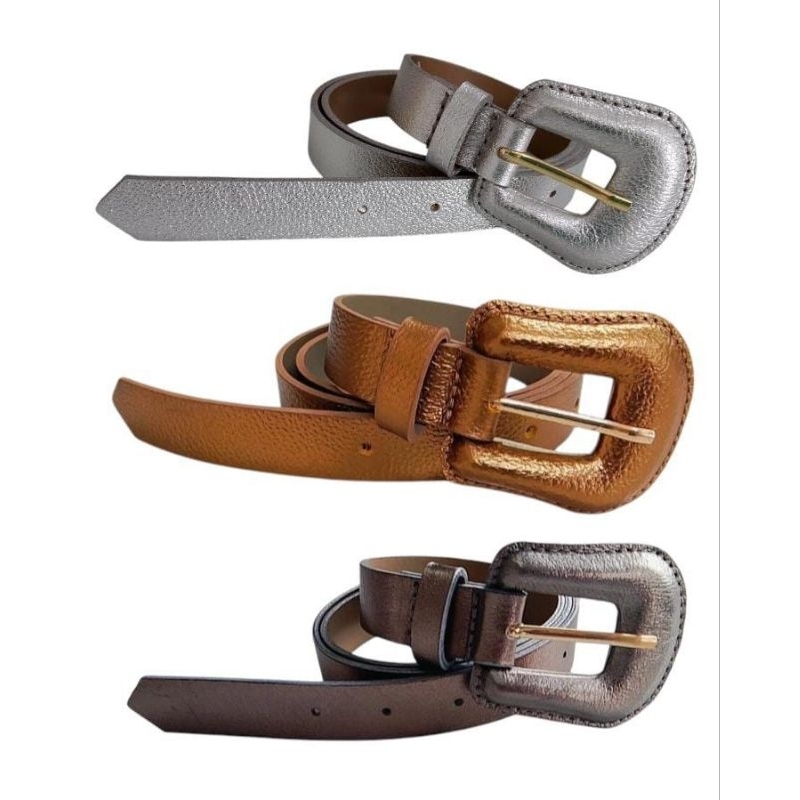 Cinto feminino em couro legítimo, metalizado, fivela encapada em Oferta na Shopee