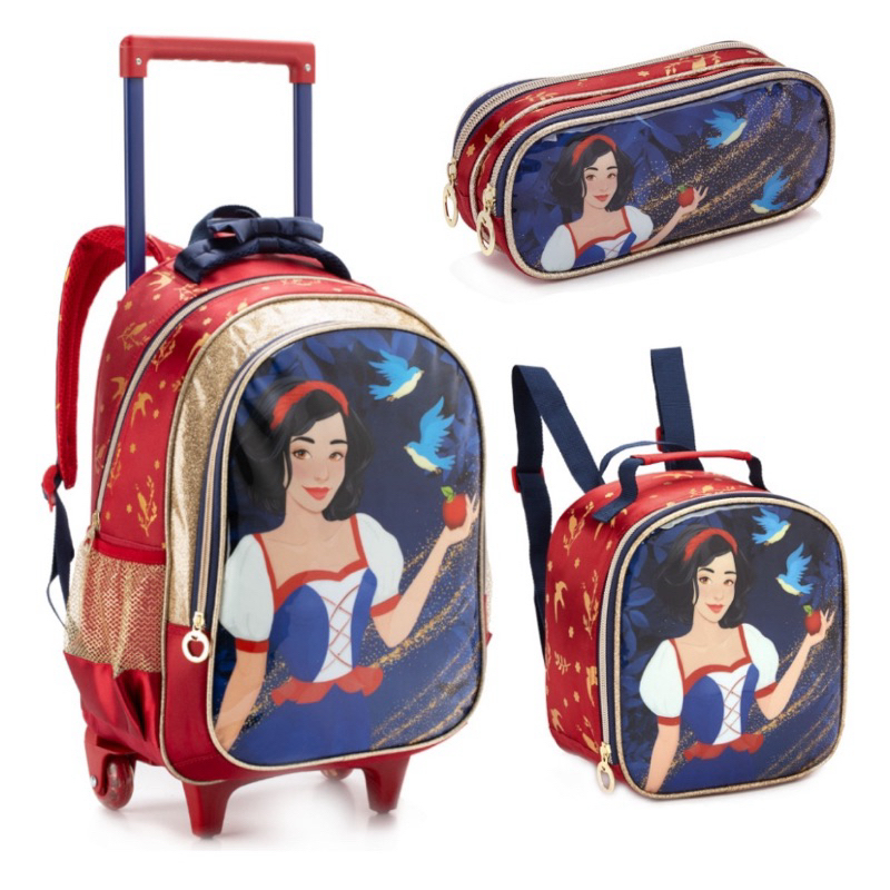 Kit Mochila Infantil Branca De Neve Denlex Feminina C/ Rodinha Lancheira Estojo
