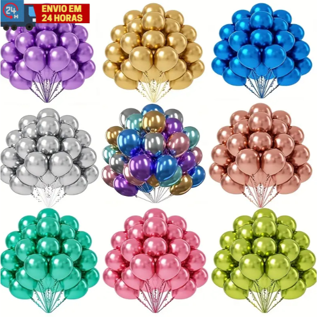 10 Unidades Balão Bexiga Cromado Latex Metalizado 5" ou 9" Polegadas