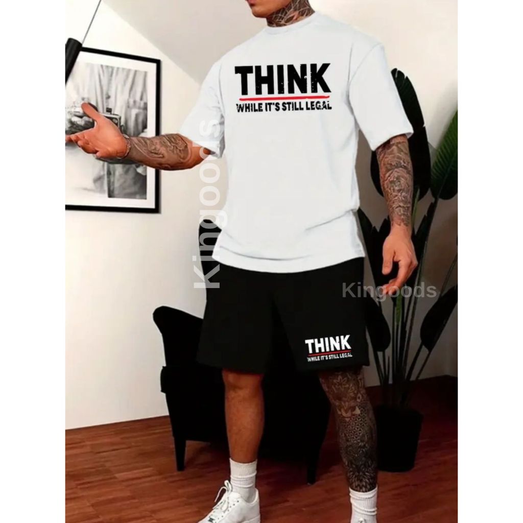 Conjunto Masculino Estampado Conjunto think Pensar Camiseta 100% algodão Bermuda Tactel