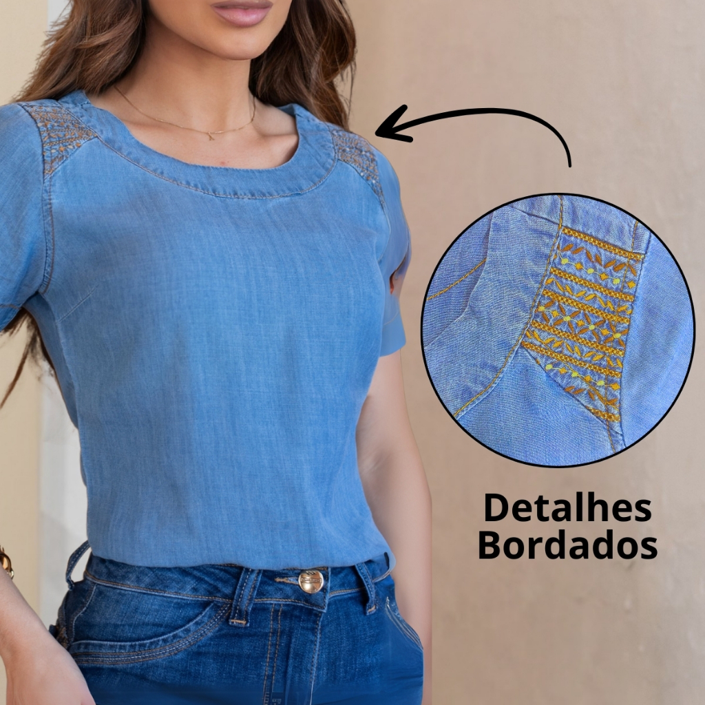 50774-Blusa Feminina Blusa Feminina Estilosa Blusa Jeans Feminina Manga Curta com Bordados - 50774