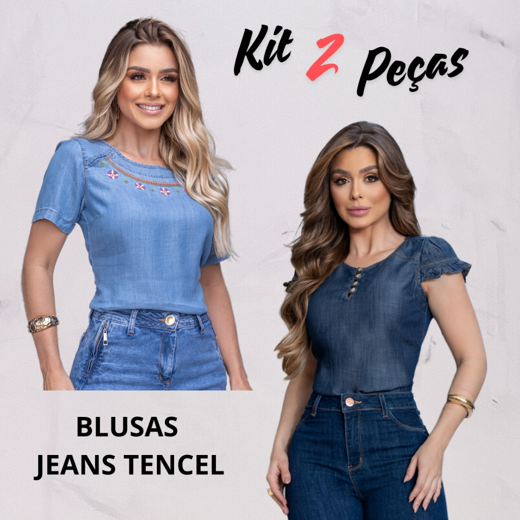 Kit 2 blusas jeans femininas estilosa com bordados no decote/ babados na manga