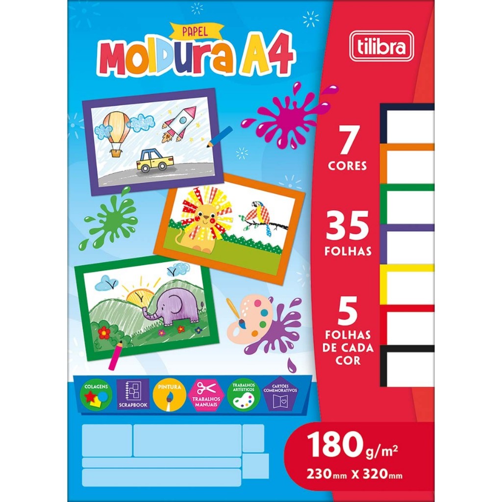 Bloco Papel Moldura A4 7 cores 35fls (5 folhas de cada cor) 120g 230mm x 320mm Tilibra em Oferta na Shopee