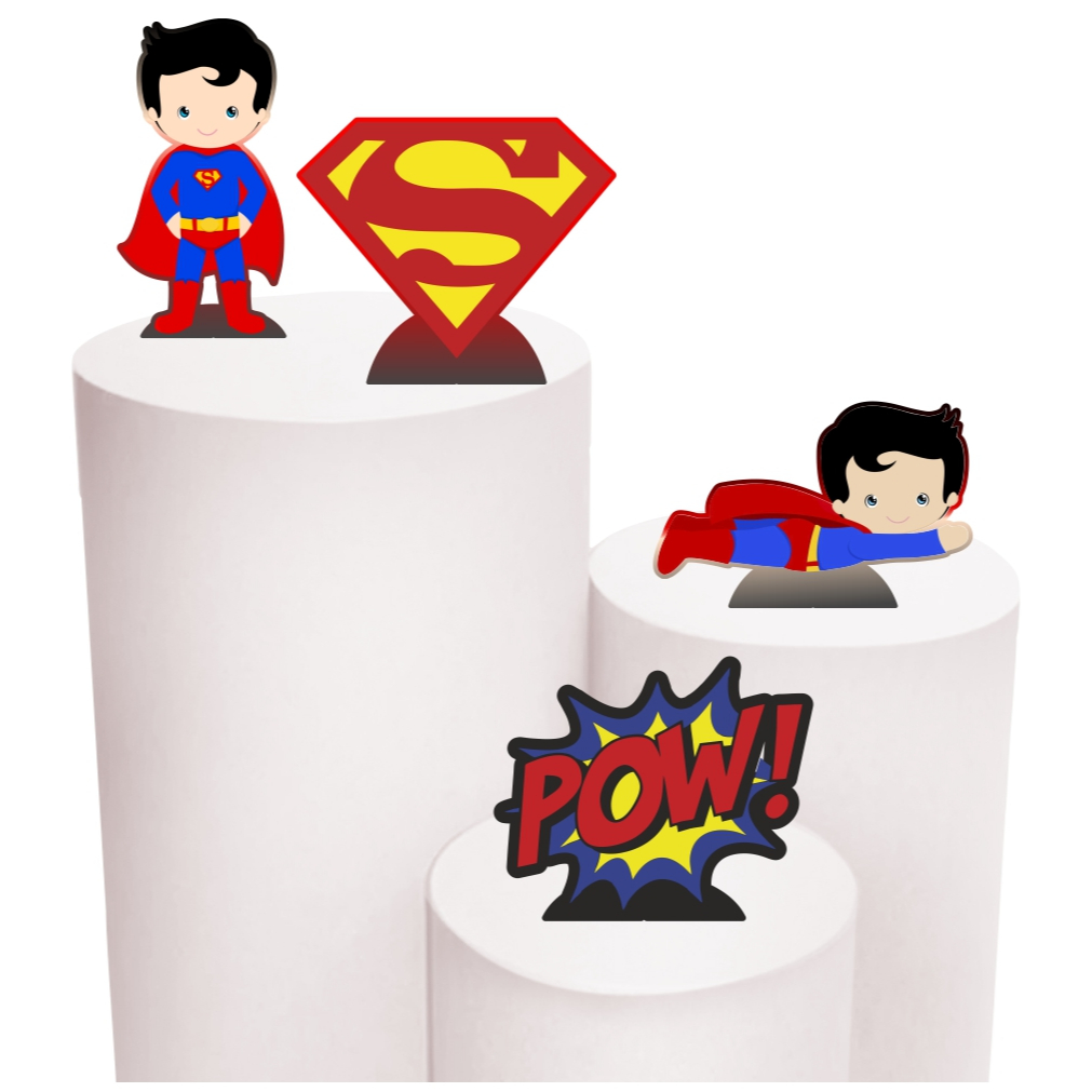 Kit de Display 4 de 20cm Totens para Decoração de Festa Super Homem Cute em MDF Cortado a Laser