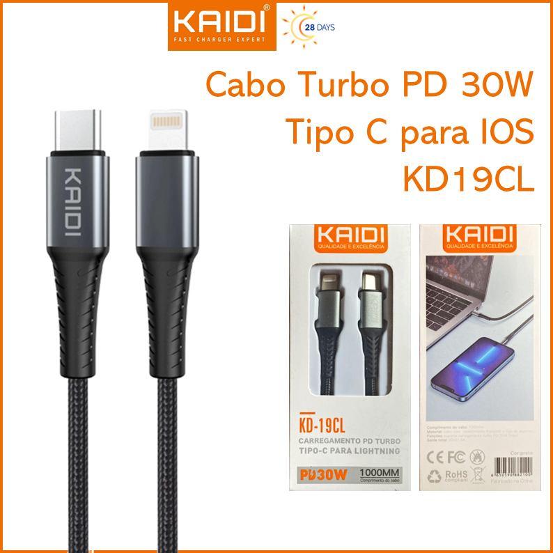 Cabo Carregamento Turbo PD 30W Tipo C para Lightning iPhone 1m KAIDI KD-19CL em Oferta na Shopee