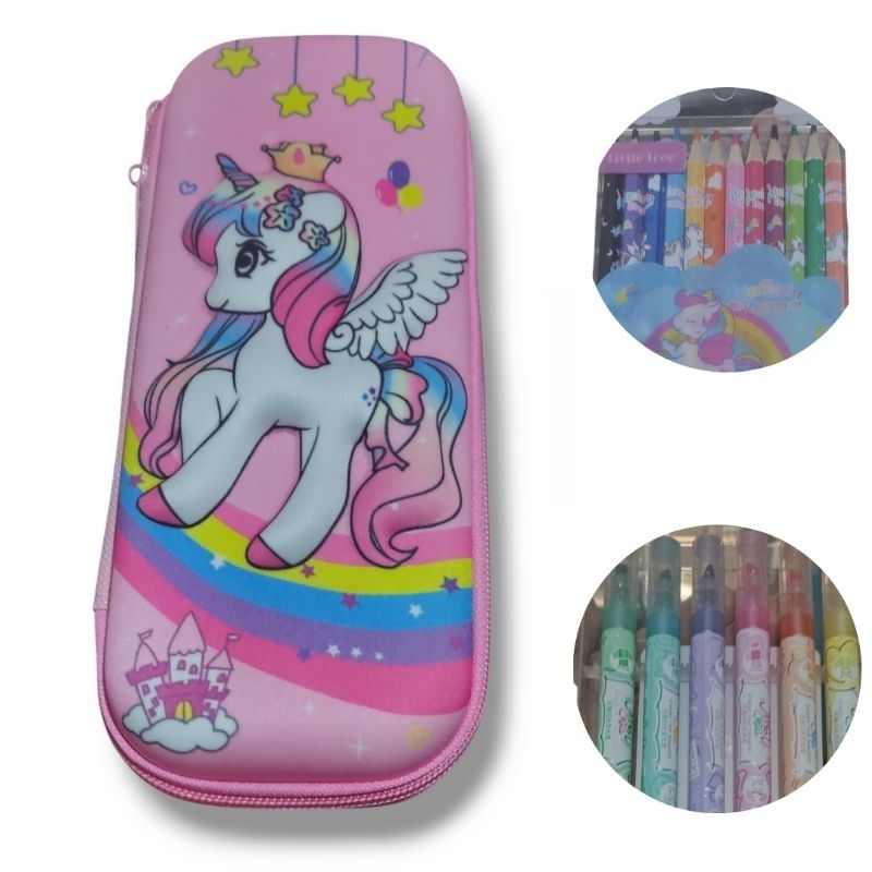 Kit 3 em 1 - Estojo + 12 Lápis colorido + 6 Marca texto com Glitter Apagável