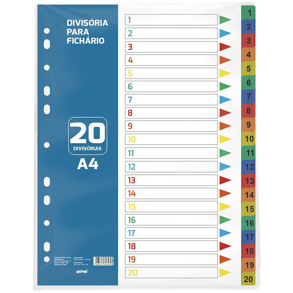 Divisória para Fichário Universitário com 20 divisórias coloridas - PT 1 UN