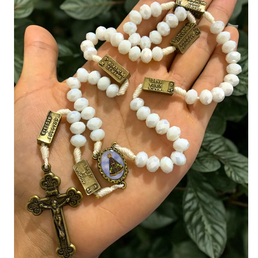 Terço Contemplação Dos Mistérios Nossa Senhora Aparecida Cristal Terço Para Rezar Religioso 8MM