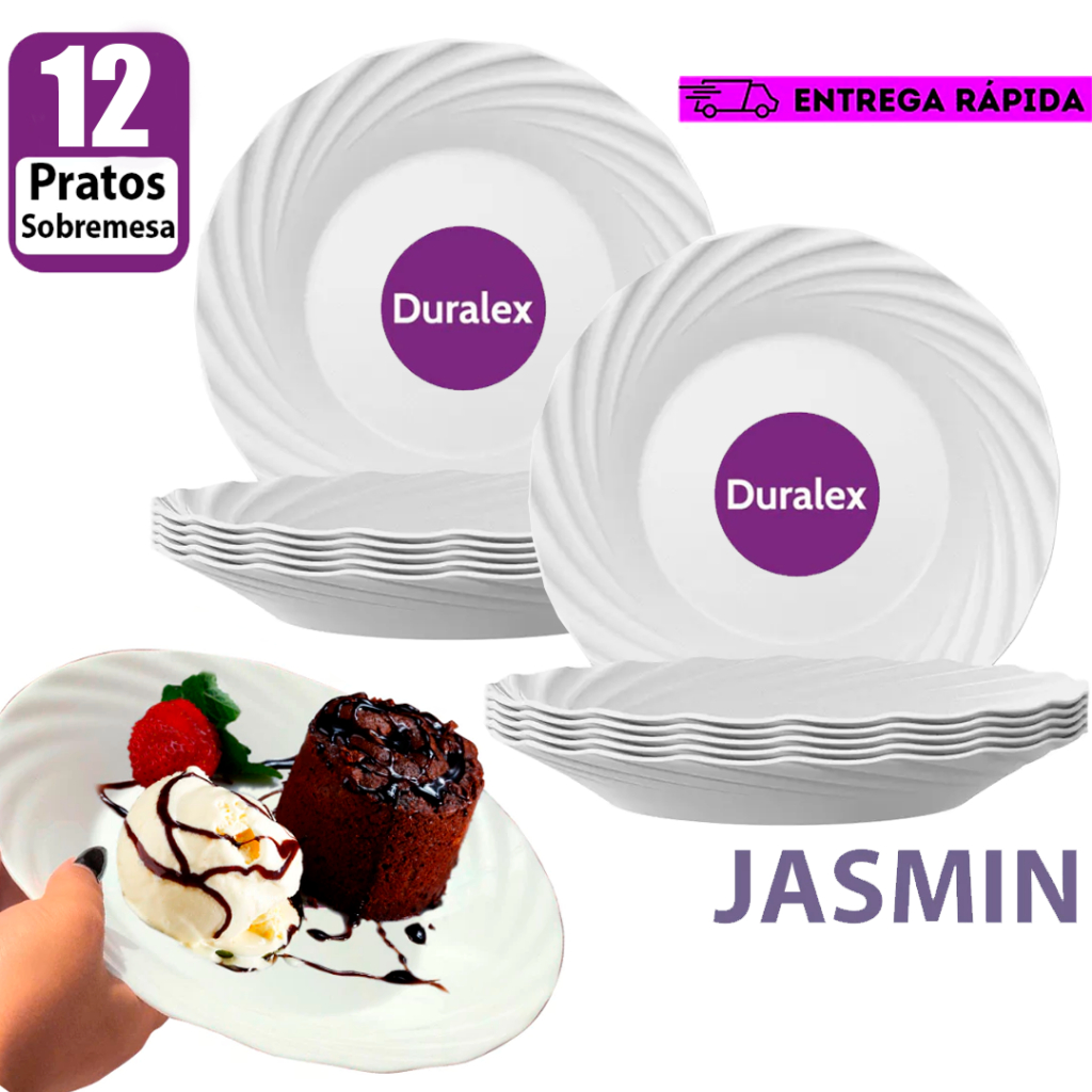 Kit Conjunto 12 Pratos Sobremesa Jasmim 19CM Duralex Vidro Branco Redondo Opaline