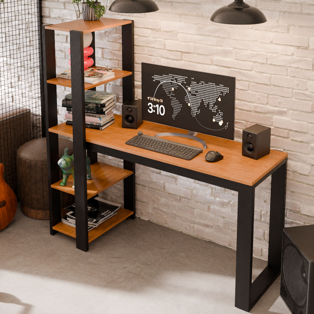 Mesa Escrivaninha Para Home Office E Escritório Paris Com Prateleiras Estilo Industrial Em Mdf - Home & Living
