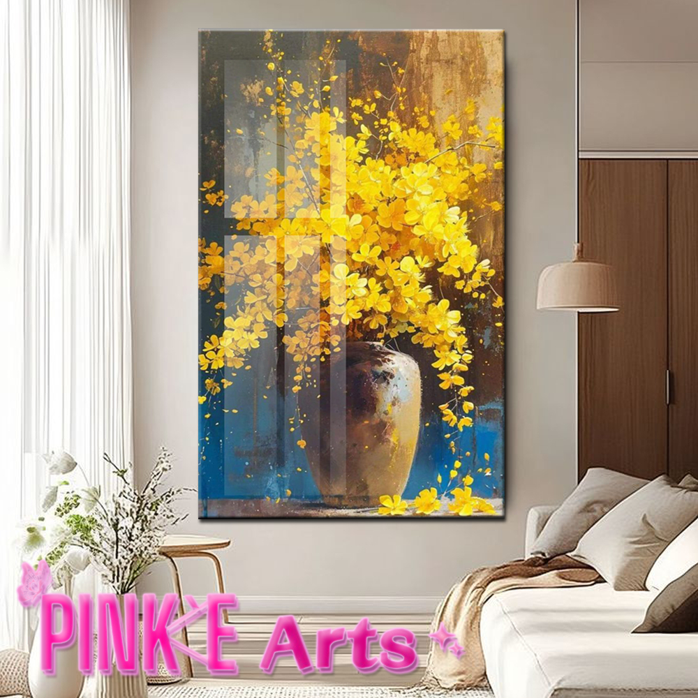 QUADRO DECORATIVO GRANDE PEÇA ÚNICA PINTURA VASO COM FLORES AMARELAS REFLEXO DECORAÇÃO SALA/QUARTO