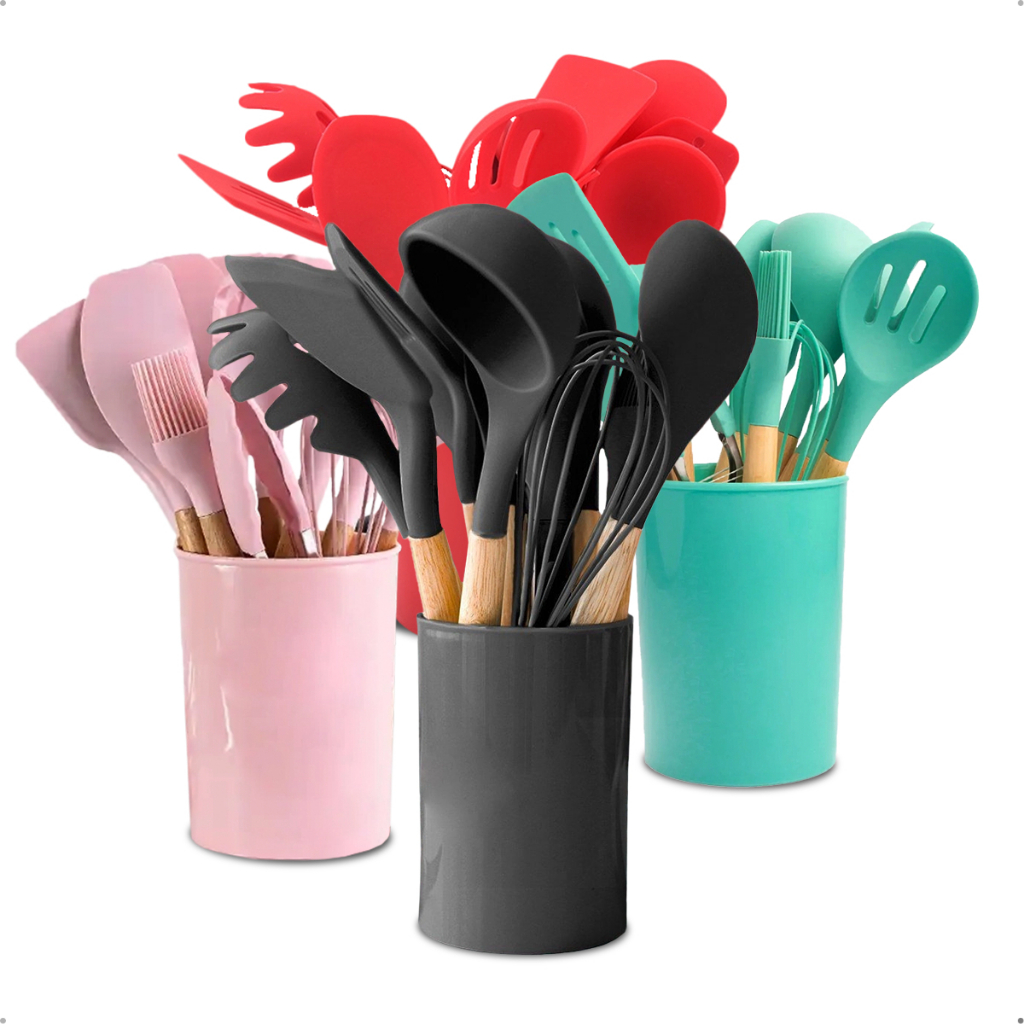 Kit Jogo 12 Utensílios Escumadeira De Cozinha Silicone com Cabo em Bambu
