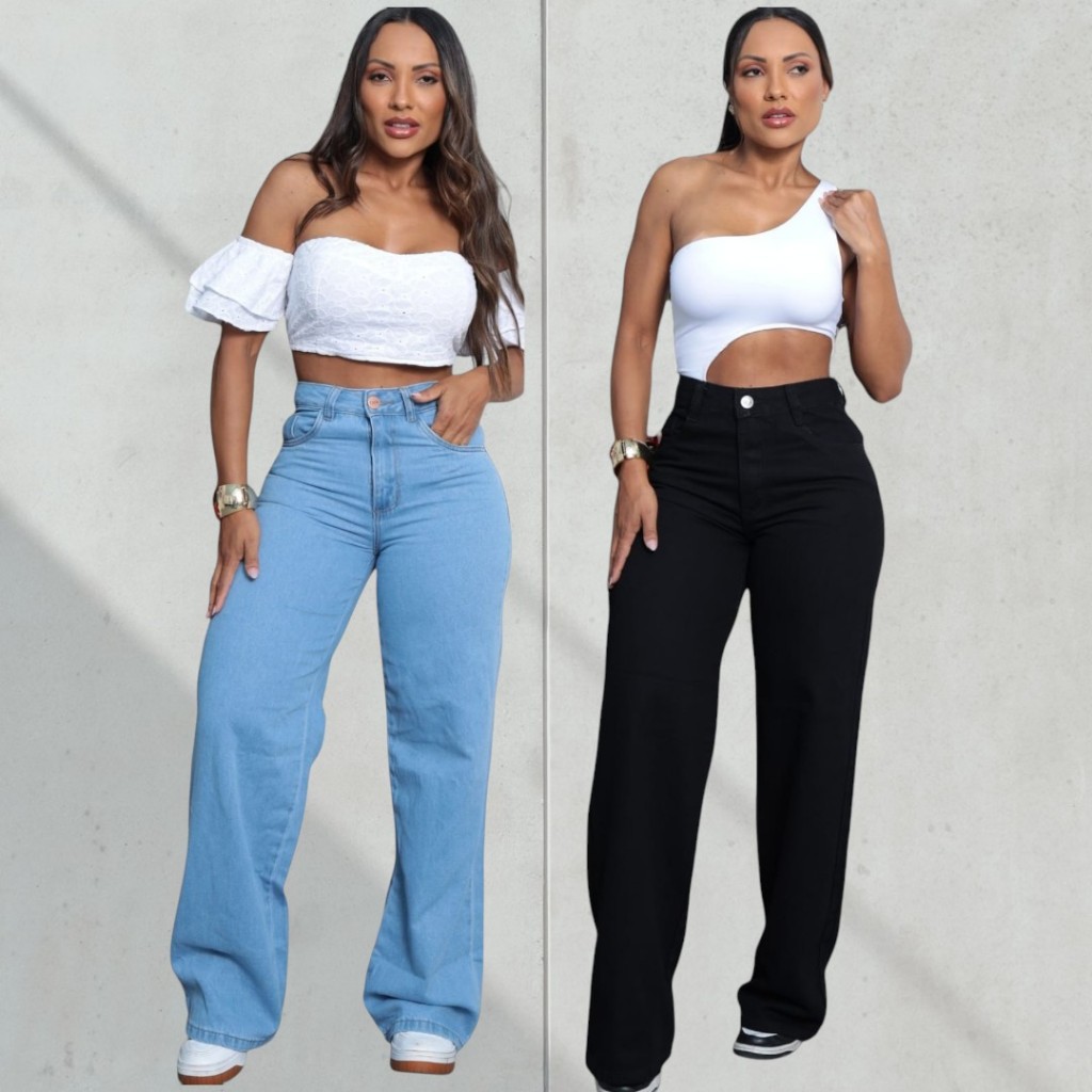 Calça Wide Leg Jeans Algodão Pantalona Cintura Alta Larga Tendencia Moda Feminina