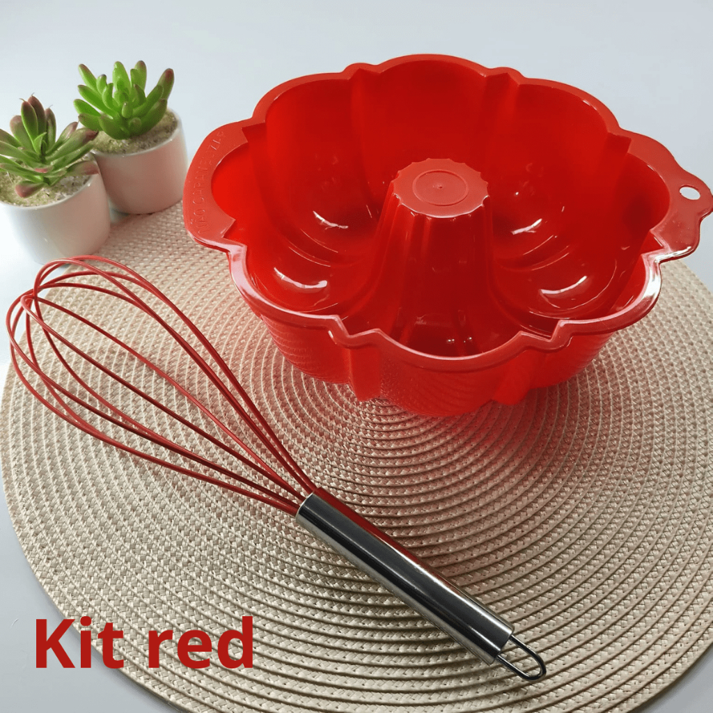Forma de Pudim + Batedor Fue de silicone Vermelho