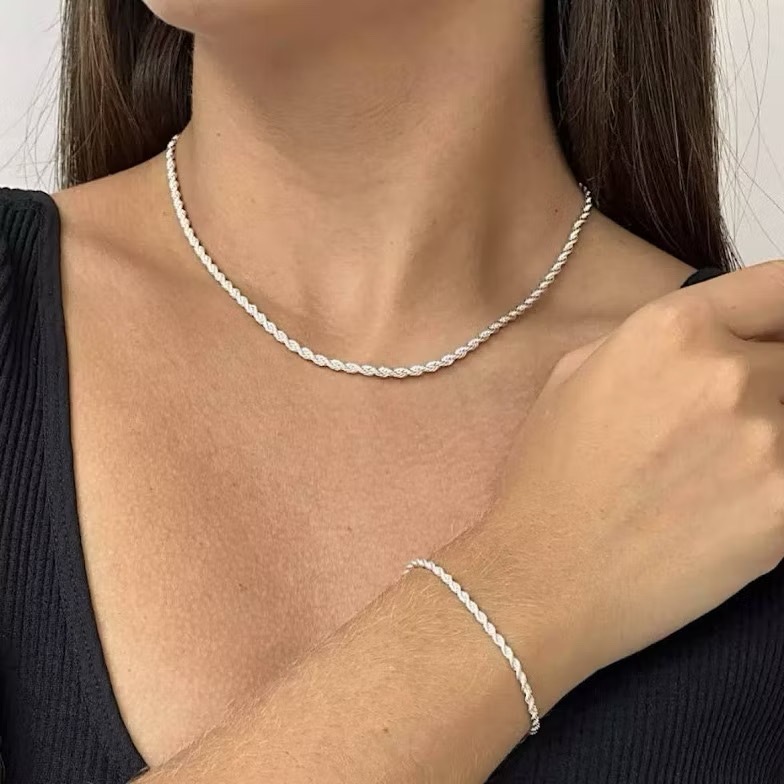 Kit Colar e Pulseira Cordão Baiano torcido a prata 925 semi joia em Oferta na Shopee