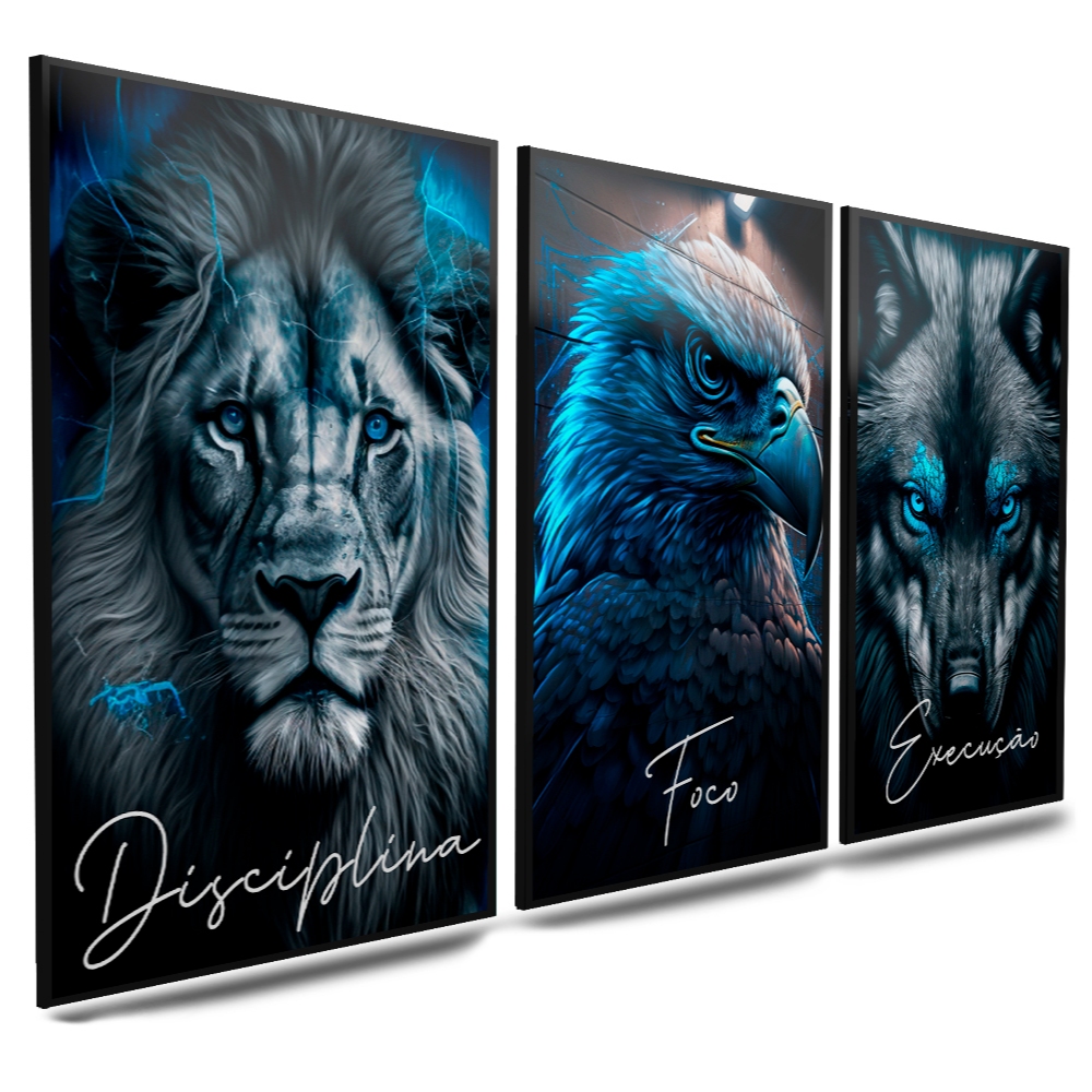Kit 3 Quadro Decorativo Sala Quarto Leão Águia Lobo Motivacional Disciplina Foco Execução