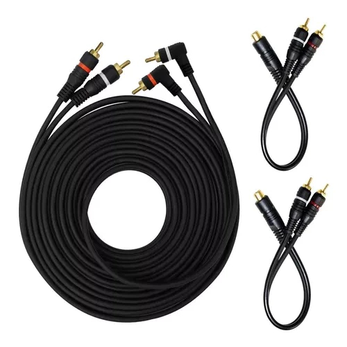 Kit Cabo 2 x 2RCA 1.5/3/5m 4mm + 2 Cabos Y 1 Fêmea x 2 Machos 20cm 5mm p/ Som Automotivo Modulo Amplificador Carro