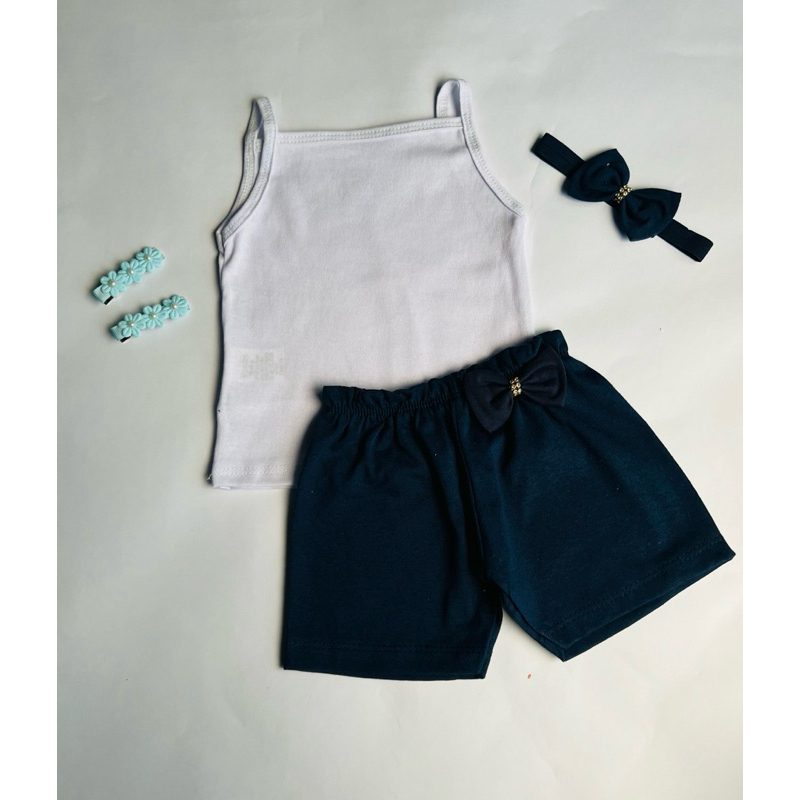 Kit 2 conjuntos bebê 2 blusa + 2 Short + 2 Laço Bebê - 100% algodão