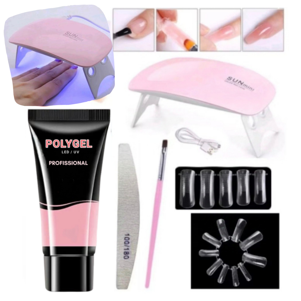 Kit Polygel Alongamento Unha Postiça Molde F1 + Lixa 100/180 + Mini Cabine Sun + Poligel + Pincel