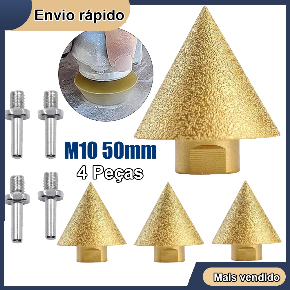 4 peças de broca de diamante de 50 mm M10 Broca de fresagem de cone de rosca Broca de escareador de furo de azulejo