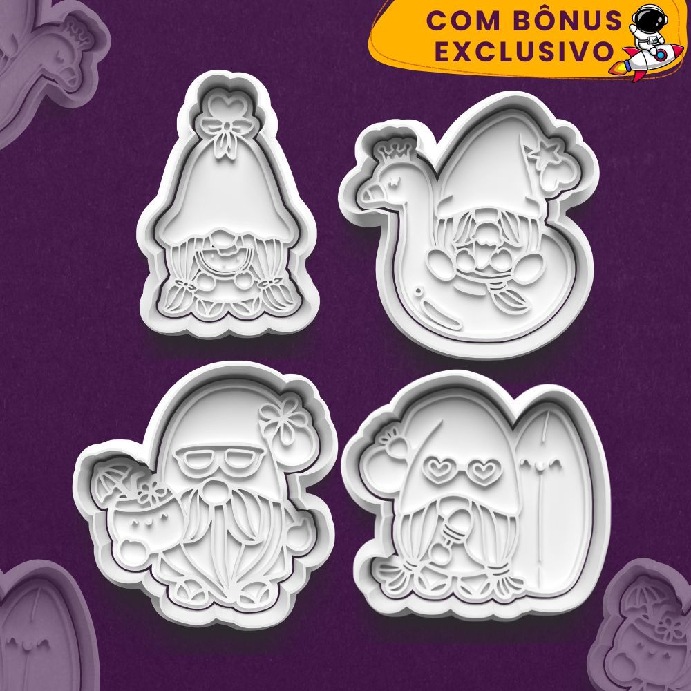 Kit 4 Cortador Marcador Cookie Gnomos Férias Feriado Praia Mar Piscina Surf Água de Coco Anão Verão