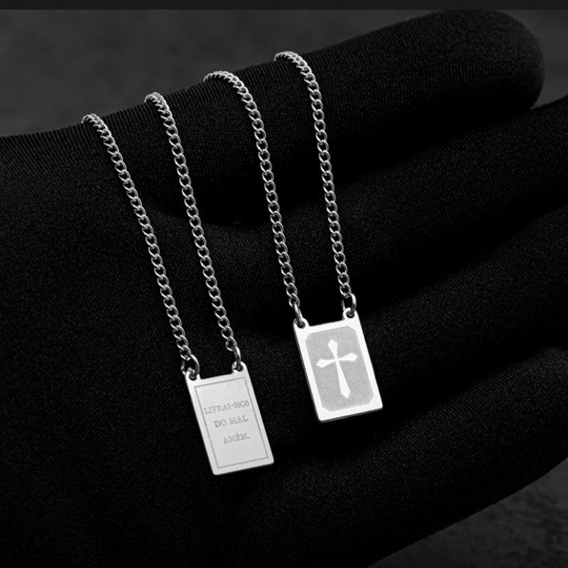 Colar Escapulário Prata Aço Inoxidável Proteção Cruz Livrai-me do Mal Amém Unisex em Oferta na Shopee