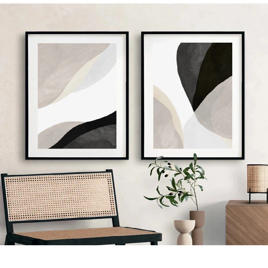 Quadro decorativo 2 peças 90x70 Minimalista preto bege geométrico moderno arte abstrata co...
